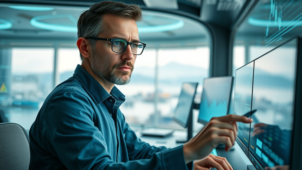 Engaged marketing manager analyzing digital marketing data in a futuristic Seattle office overlooking Puget Sound