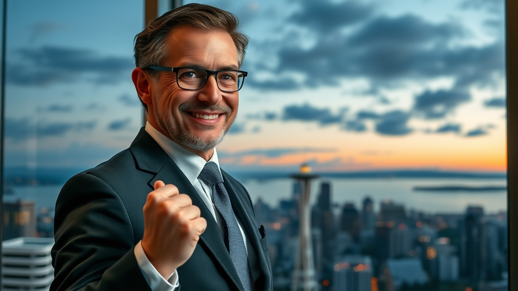 Triumphant lawyer with confident expression overlooking Puget Sound skyline, symbolizing success from time-saving marketing for lawyers