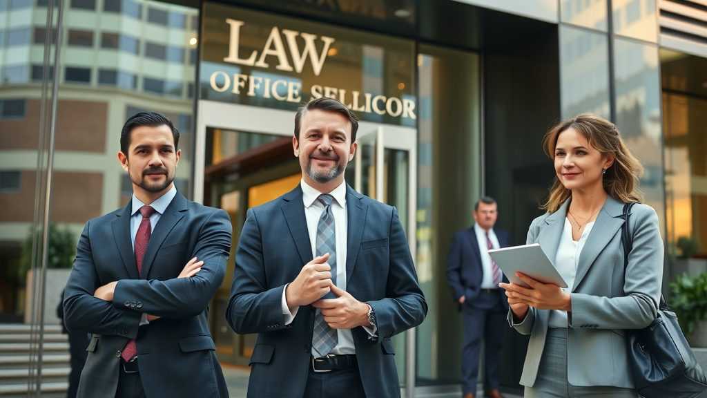 professional law office exterior with confident attorneys and clients - how to avoid looking like an ambulance chaser in marketing