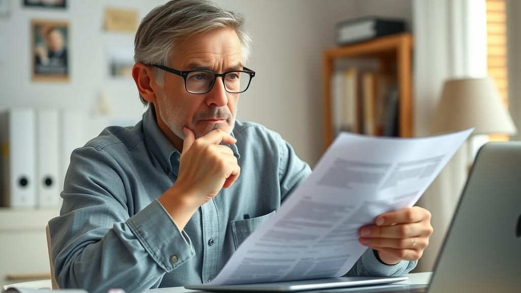 concerned middle-aged policyholder negotiating with insurance companies and reviewing insurance paperwork for an insurance settlement