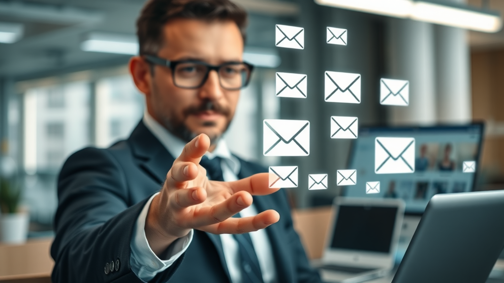 Legal marketing strategist connecting social media and email platforms in law firm office