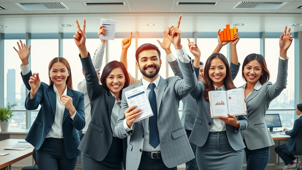 Law firm staff celebrating marketing achievements with digital devices