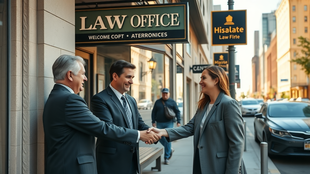 law firm seo services: Urban law office exterior with local signage, attorneys greeting potential clients; local SEO in action for lawyers