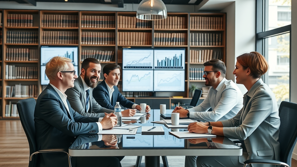 Personal injury law firm team discussing digital growth strategy with analytics - lawyer blogging services in practice