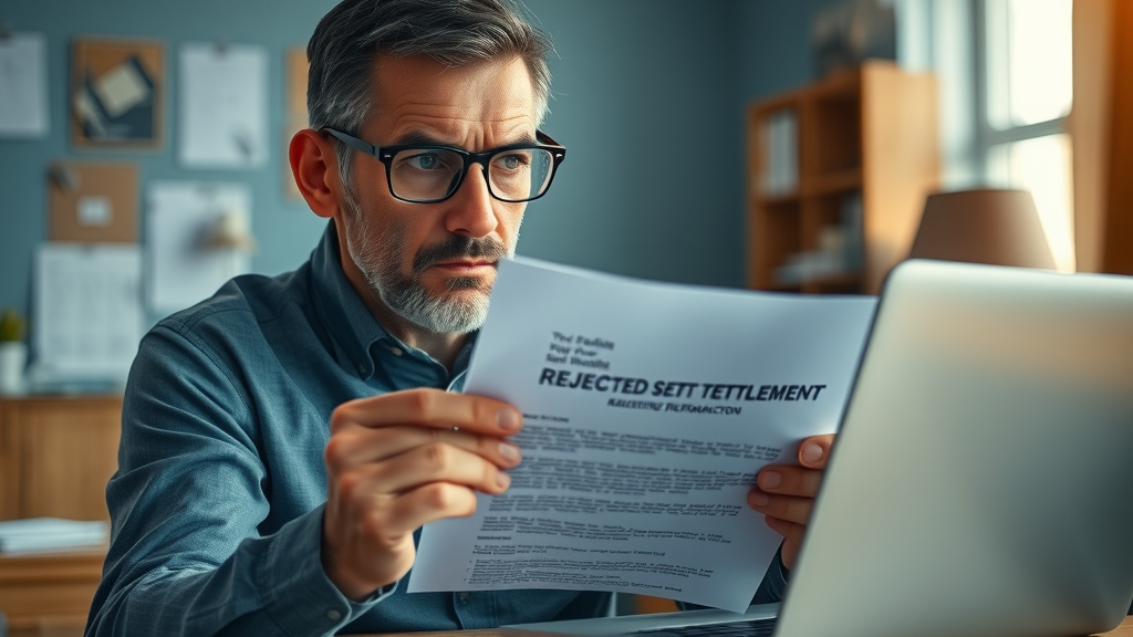 Frustrated policyholder analyzing rejected settlement letter - insurance claim, negotiation process, insurance company, home office