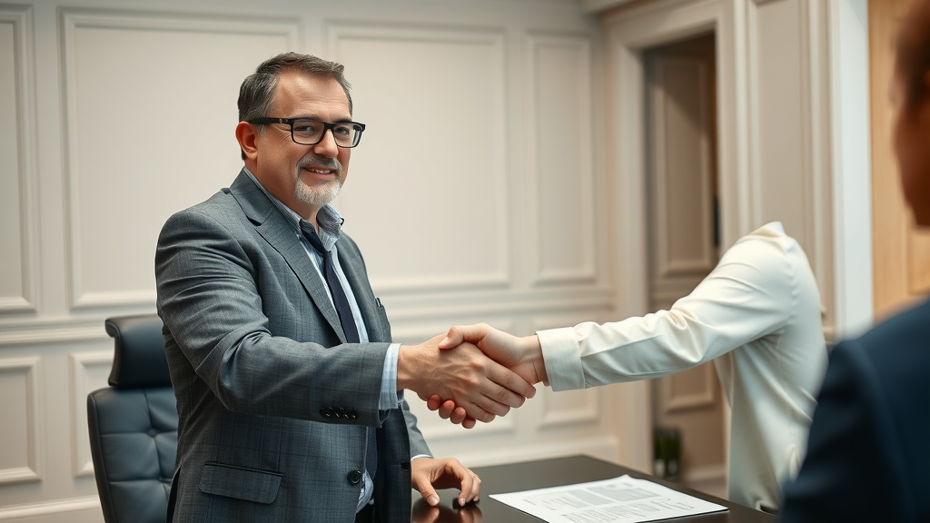 Empowered policyholder shaking hands with insurance adjuster after successful negotiation using insurance adjuster negotiation tactics