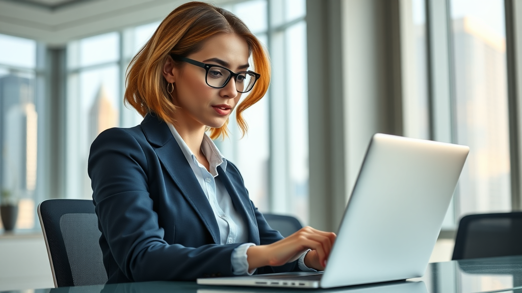 confident female attorney blogging estate planning tacoma city skyline