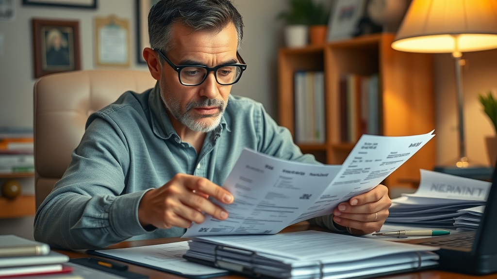 Organized claimant arranging medical bills and repair receipts for insurance adjuster negotiation tactics in a cozy home office