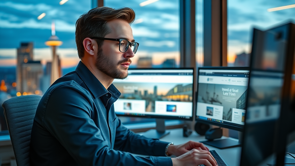 Professional web designer optimizing Seattle law firm website with cityscape view - Seattle legal marketing web design