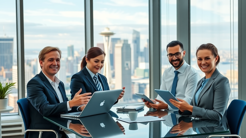 washington state attorney online marketing team collaborating in modern law office overlooking Seattle skyline