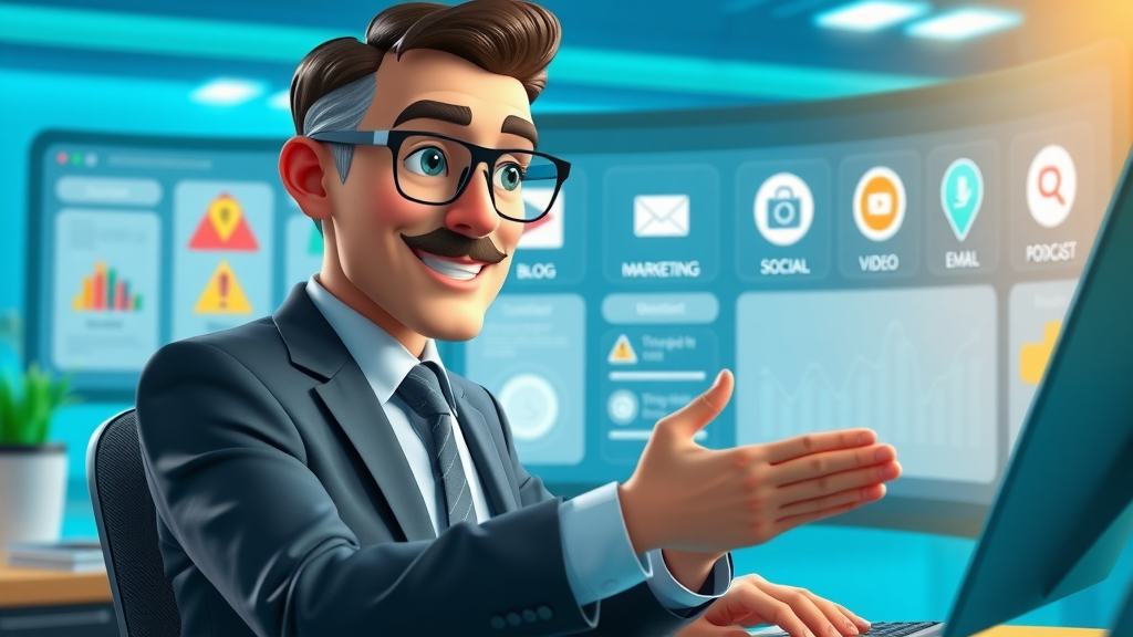content marketing for busy attorneys - attorney reviewing digital dashboard of marketing channels: blog, social, video, email, podcast