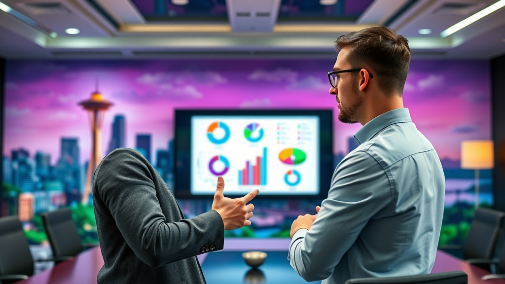 Organized marketing consultant presenting marketing solutions for law firms in a Seattle meeting room with animated charts