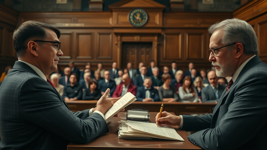 vintage courtroom with lawyers debating - origins and evolution of ambulance chaser stereotypes