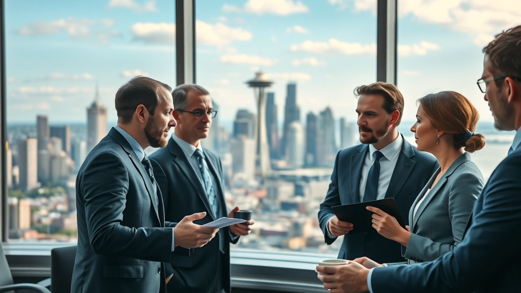 Dynamic Seattle skyline with business professionals discussing legal marketing strategies in a vibrant office overlooking Puget Sound