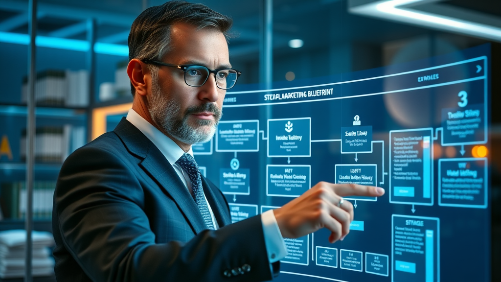 Visionary law firm leader reviewing step-by-step digital marketing blueprint in Bellevue office