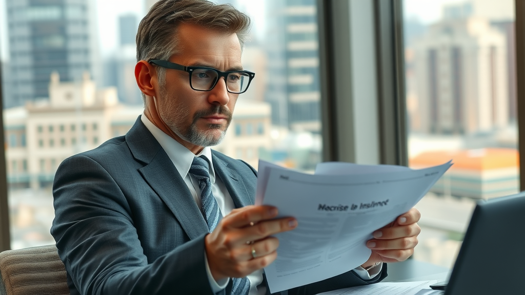 Insightful insurance negotiation scene, serious professional insurance adjuster in a modern office, attentively reviewing claim documents for insurance adjuster negotiation tactics, background of large windowed office with busy city view