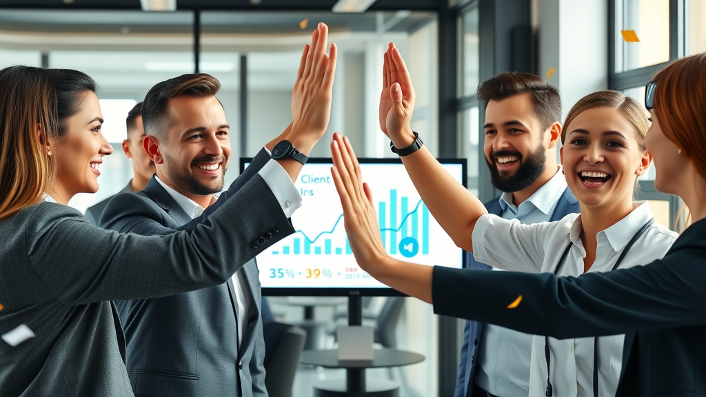 Small law firm celebrating client growth through automated marketing tools