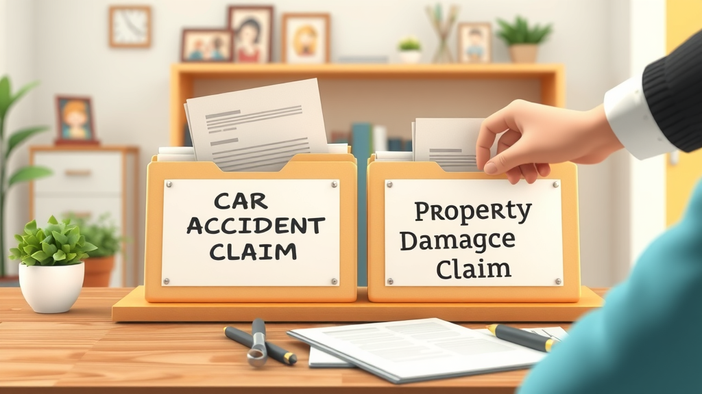 Folders labeled car accident and property damage claim organized on a desk to manage multiple insurance settlement negotiations efficiently.