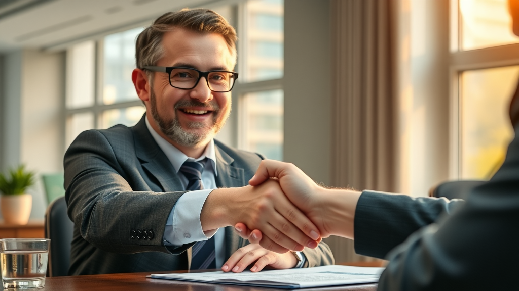 client signing a favorable insurance settlement agreement after successful insurance negotiation strategy, professional office handshake