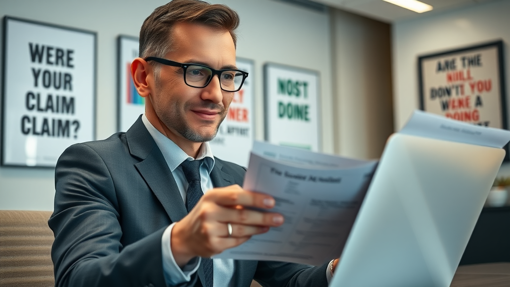 Insurance adjuster and claim holder reviewing documents and negotiation checklist during an insurance settlement negotiation meeting.