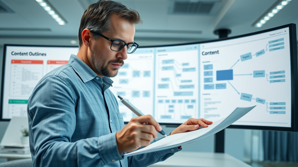 focused legal content strategist organizing content outlines for law firm blog post