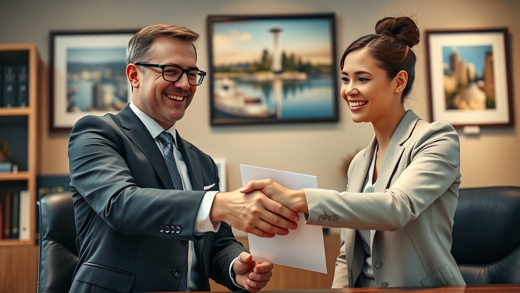 Confident business lawyer shaking hands with client after marketing success, with Puget Sound art in modern law office