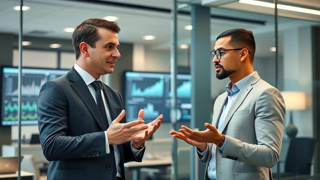 Confident lawyers discussing digital marketing strategies in a modern law firm office