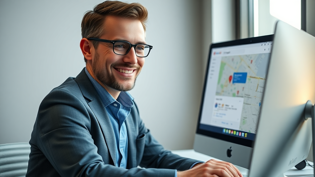law firm seo services: Law firm marketing manager optimizing Google Business profile in a modern workspace with Google Maps open