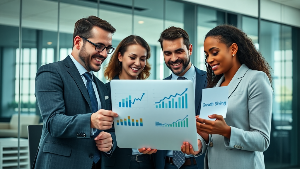 diverse group of law firm lawyers reviewing content marketing success and firm growth statistics