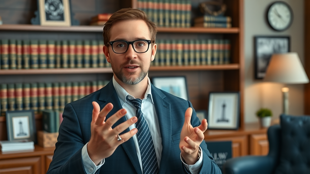 Attorney presenting content marketing strategy with legal books and Seattle decor - law firm content marketing