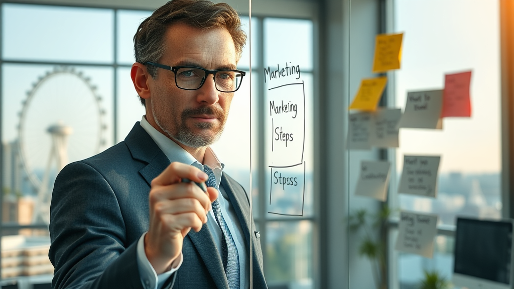 Strategic business lawyer planning marketing steps on a clear board in a modern Seattle law office with city view