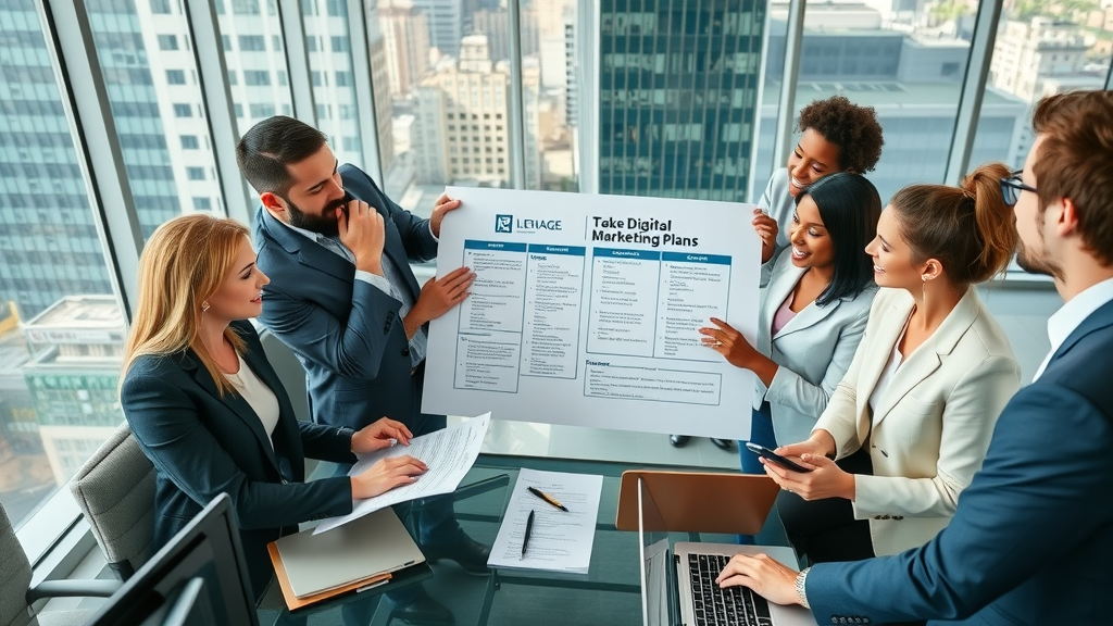 law firm seo services: Law firm team and digital marketers collaborate on online strategy in glass meeting room