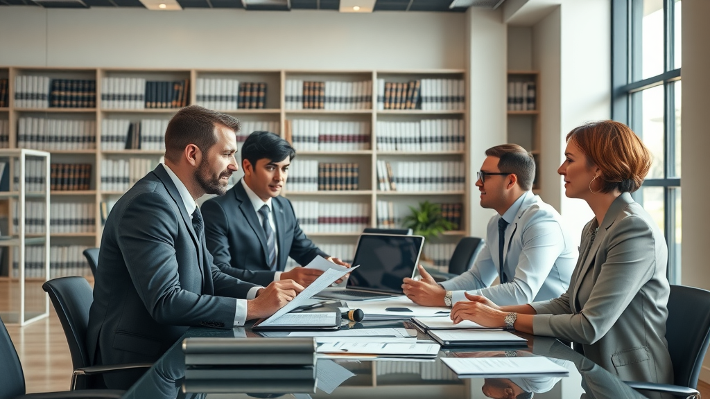 content marketing for busy attorneys - modern law office interior with professional attorneys collaborating in a spacious office, legal books, and digital tools
