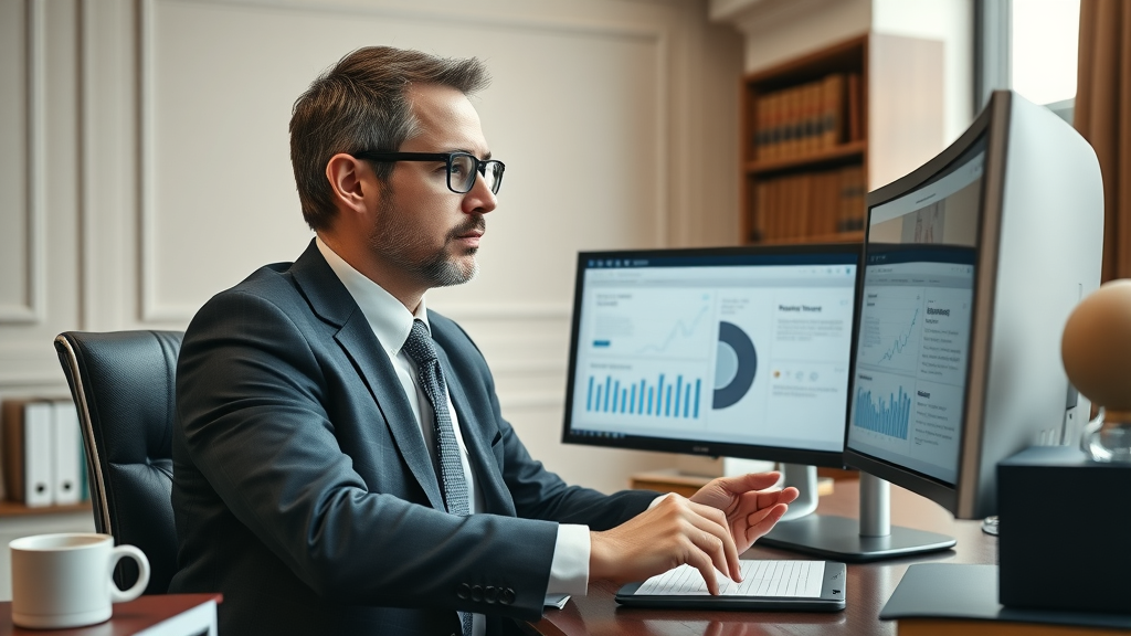 content marketing for busy attorneys - attorney reviews digital marketing analytics in modern law firm office with legal books and technology