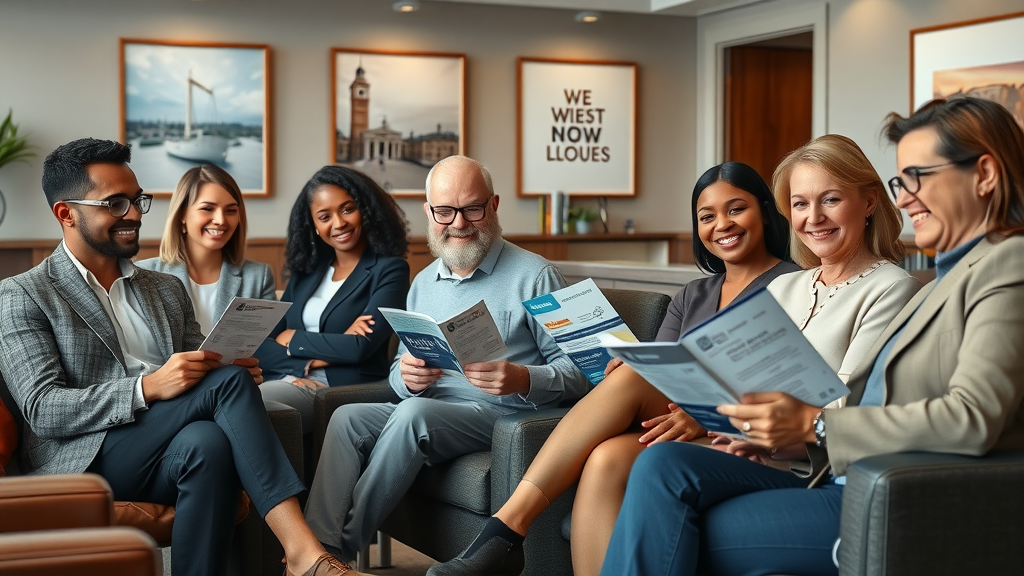 diverse group of clients in law firm lobby engaging with legal pamphlets ethical content marketing for lawyers