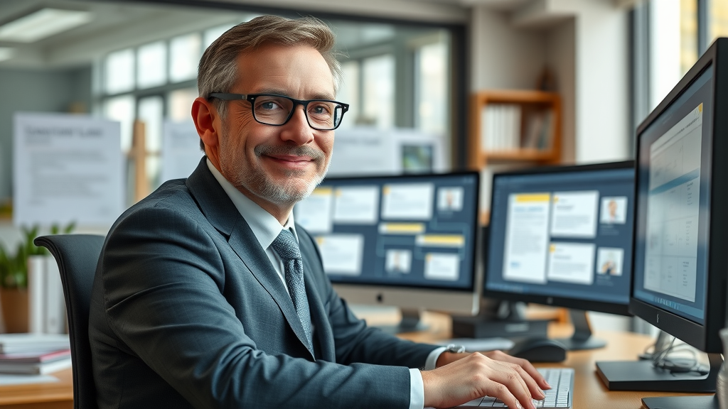 Attorney at desk setting up automated email marketing for law firms using digital visualizations