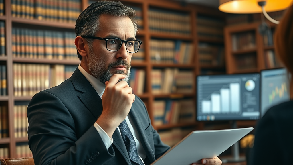 lawyers creating insightful legal content and discussing SEO strategy in a law library setting