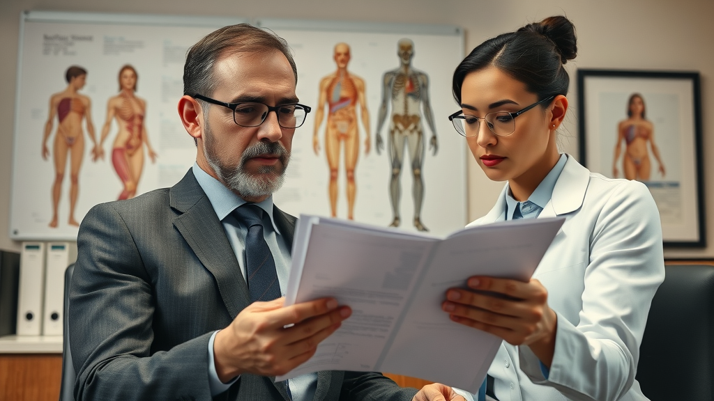 Personal injury insurance claim negotiation, claimant with legal professional, reviewing insurance settlement, medical documents