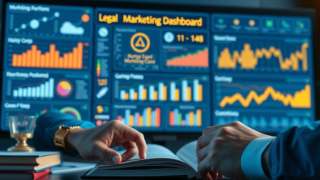 Modern digital marketing dashboard for attorneys, displaying law firm marketing analytics, interactive charts, and process flows