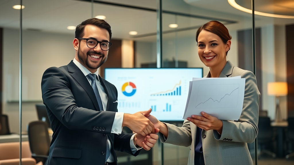 Triumphant law firm partners reviewing growth reports, Bellevue legal marketing success, glass office with line graphs