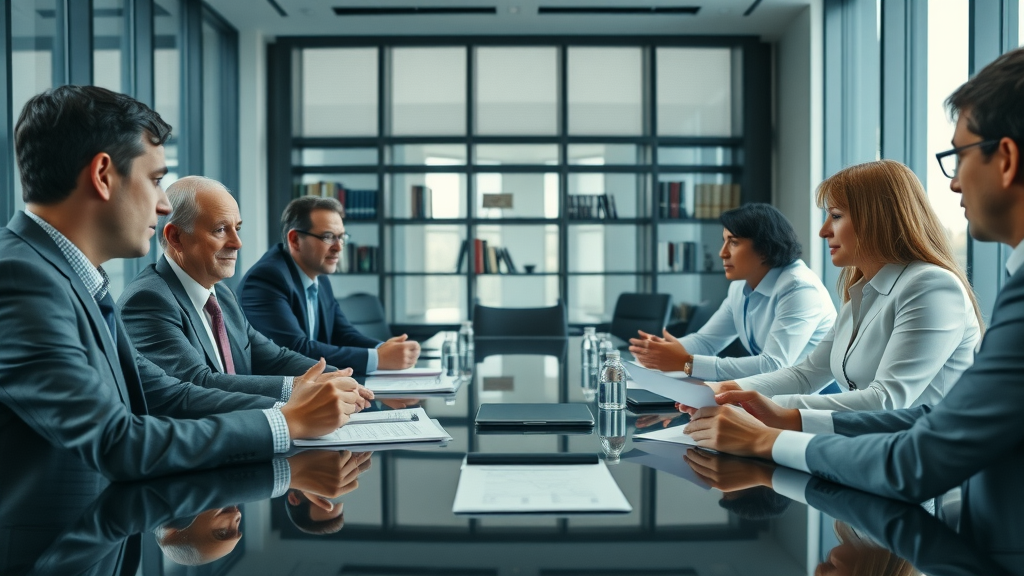 Professional law firm conference room with attorneys collaborating on content marketing strategy - attorney content marketing plan