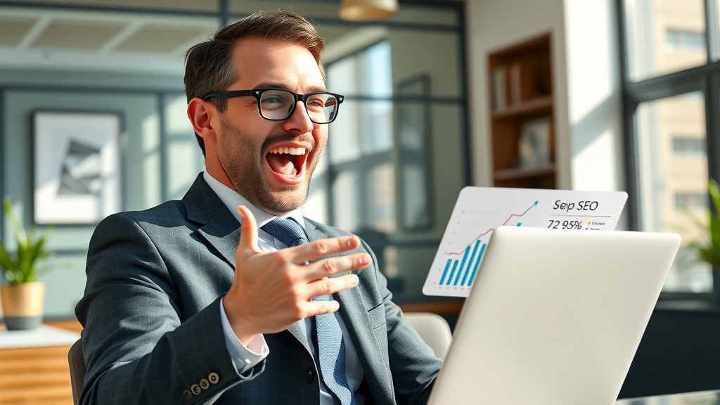 Bellevue attorney celebrating top SEO rankings, law firm online visibility, digital charts on laptop