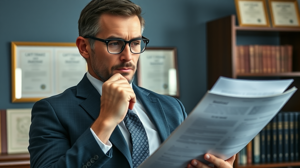 thoughtful male attorney reviewing blogging agency proposals marketing experience