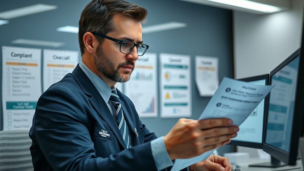 compliance officer reviewing legal documents for ethical accuracy in law firm content creation