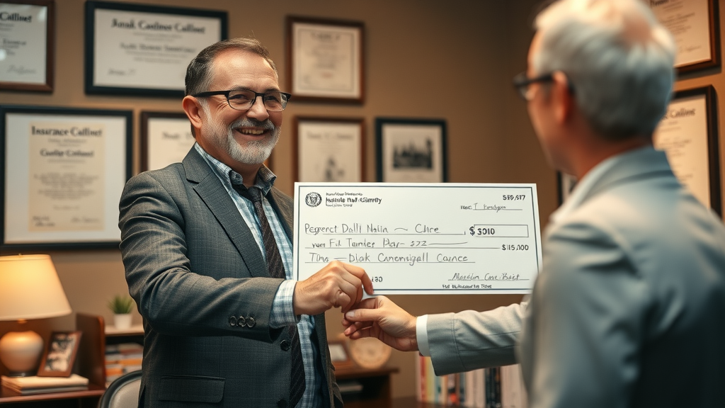 insurance claimant receiving settlement check from adjuster