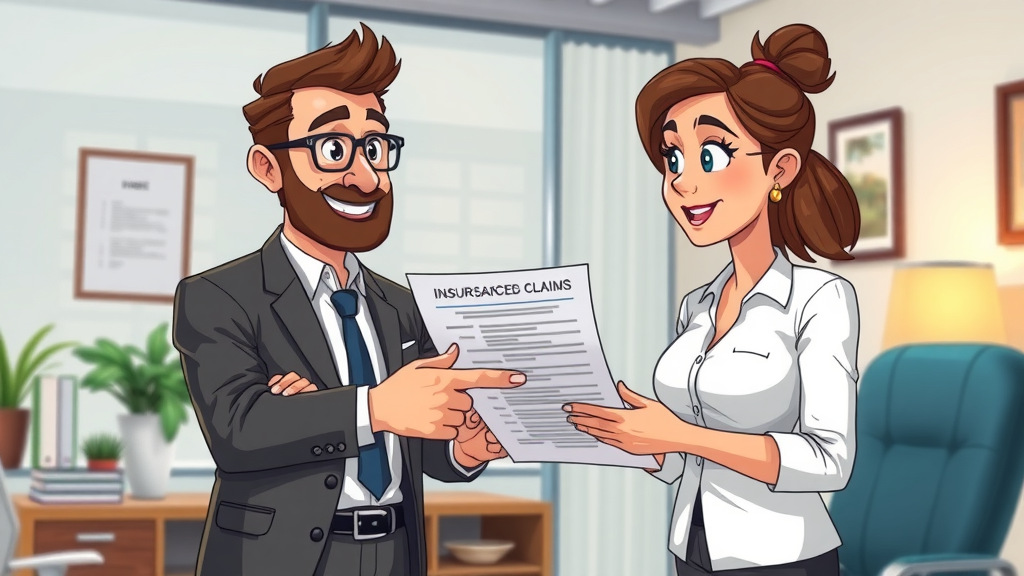 Insurance claim process with insurance adjuster reviewing property damage, damage claims, insurance company, claims settlement negotiation, office scene