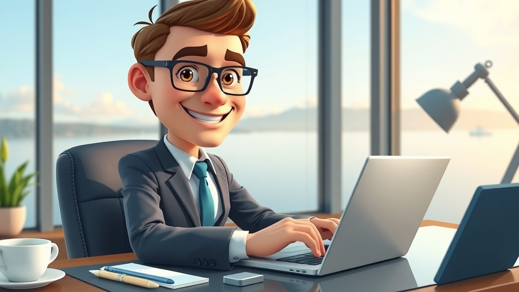 Motivated business lawyer creating social media post in a bright Seattle office with Puget Sound in the background