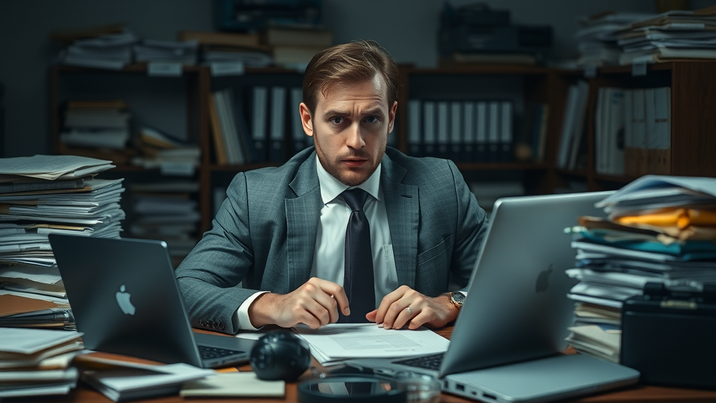 Stressed attorney at cluttered desk overwhelmed with law firm marketing tasks