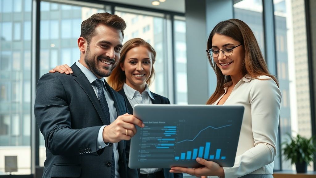 Bellevue law firm team consulting over digital analytics, confident attorneys in sleek office, digital marketing agency strategy