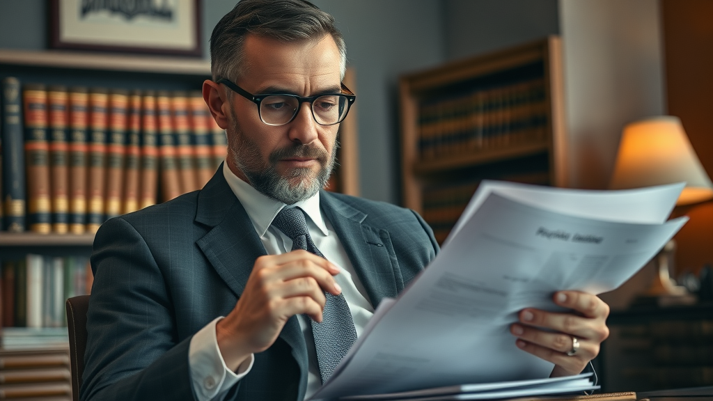 Personal injury attorney reviewing severe injury case files in law office